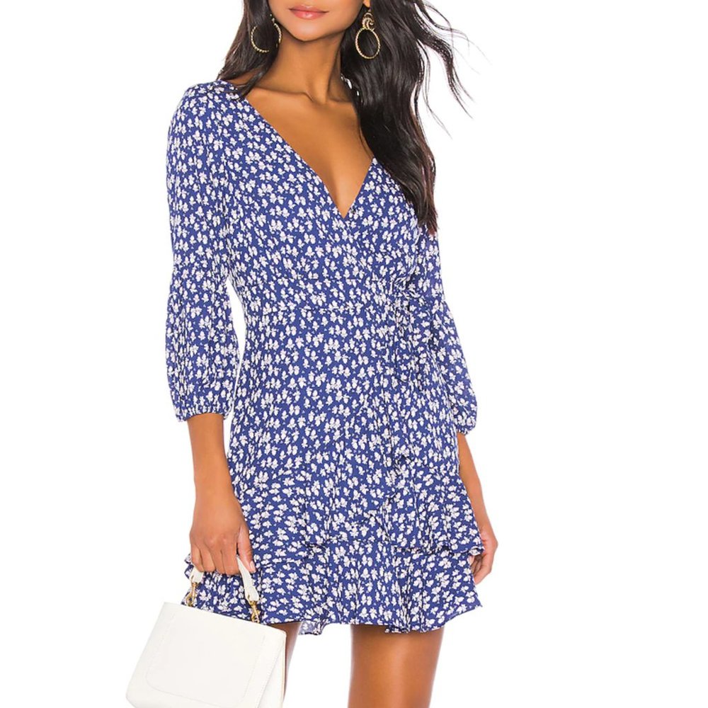 Likely Floral Long Sleeve Dress in Blue and White